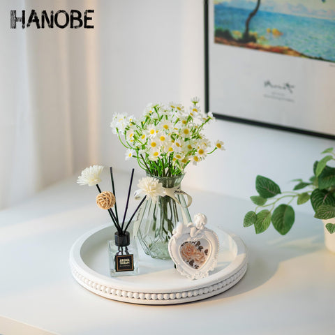 Hanobe modern farmhouse tray wood and beads offers versatile decor for kitchen or living spaces.