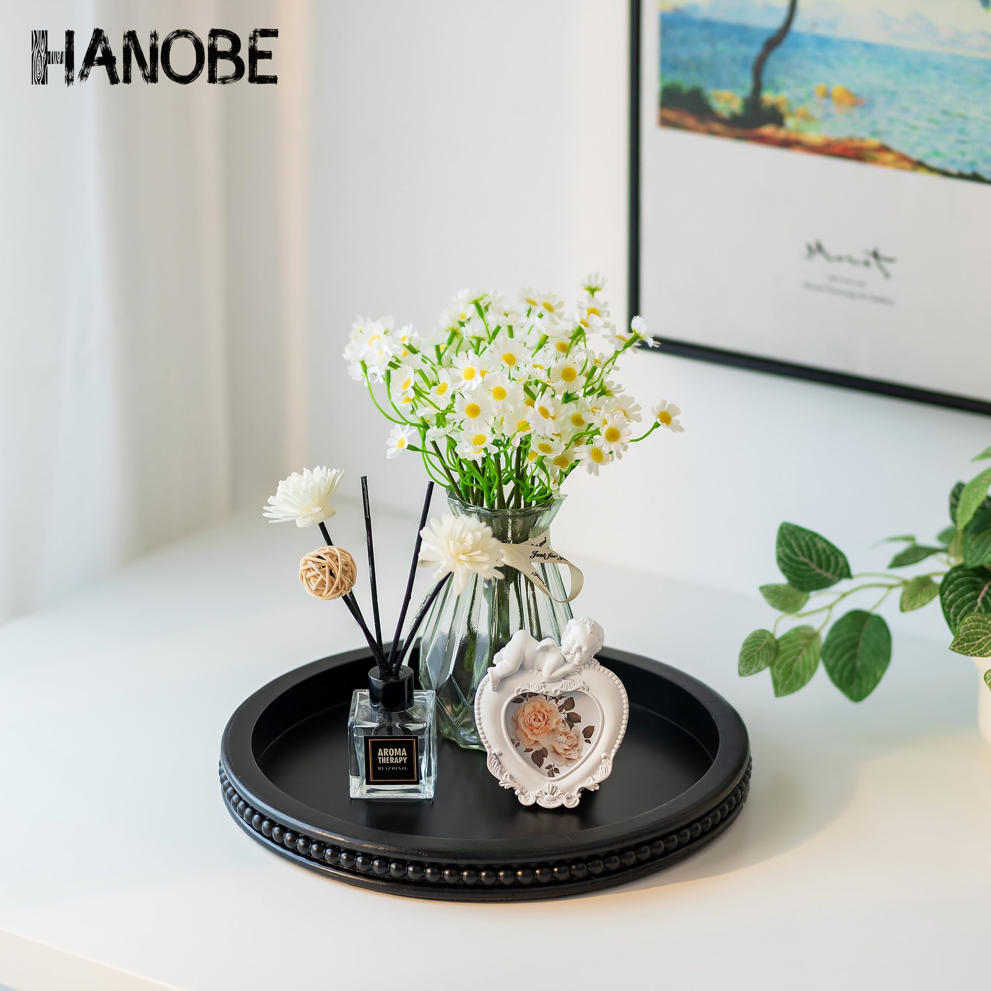 Hanobe round coffee tray with beaded edge enhances centerpieces