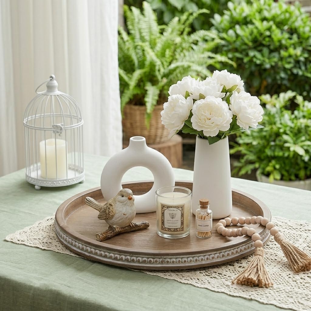 Hanobe white-washed beaded edge tray complements shabby chic styles.