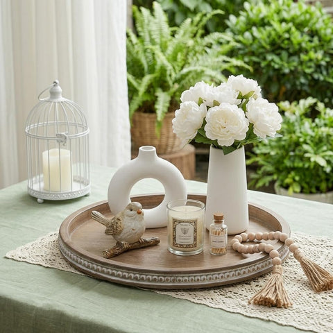 Hanobe white-washed beaded edge tray complements shabby chic styles.