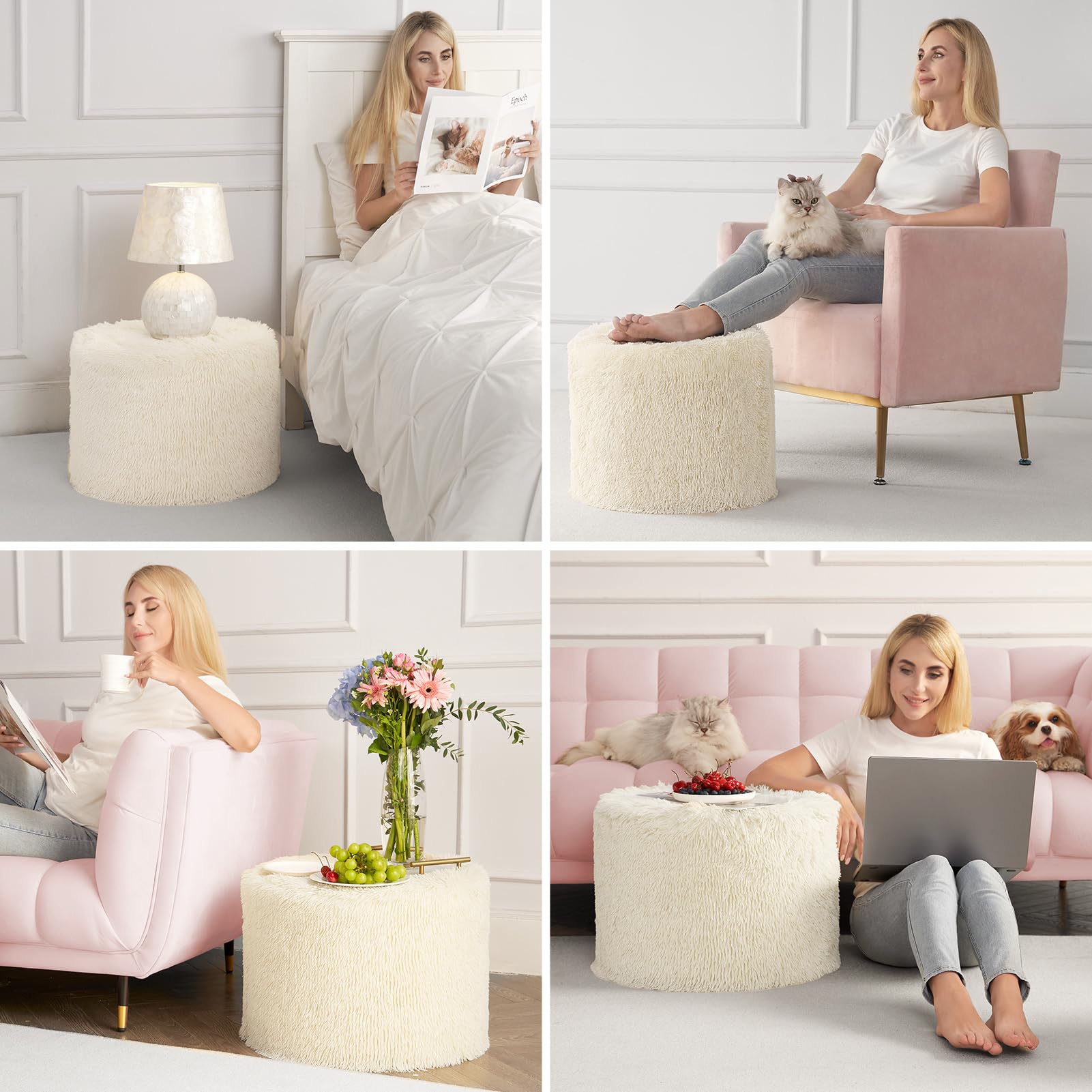 Hansleep pouf used as a small side table with decorative items.