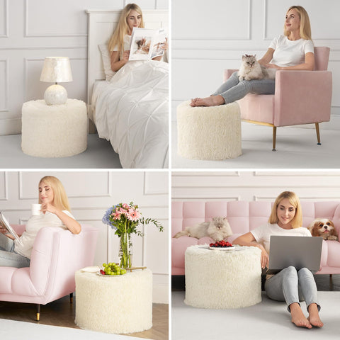 Hansleep pouf used as a small side table with decorative items.