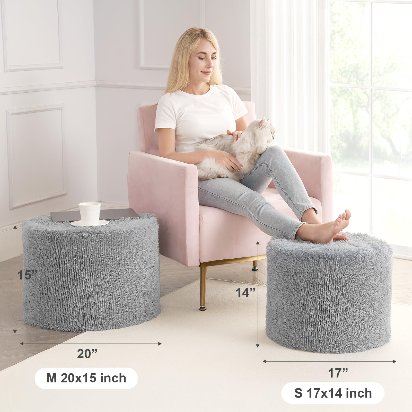 Hansleep faux fur cover adds plush warmth for cozy feet on the pouf.