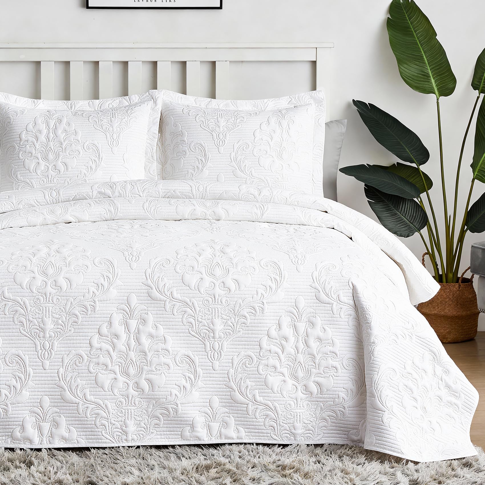 Hansleep white quilt king with damask ultrasonic stitch for durable all-season comfort.