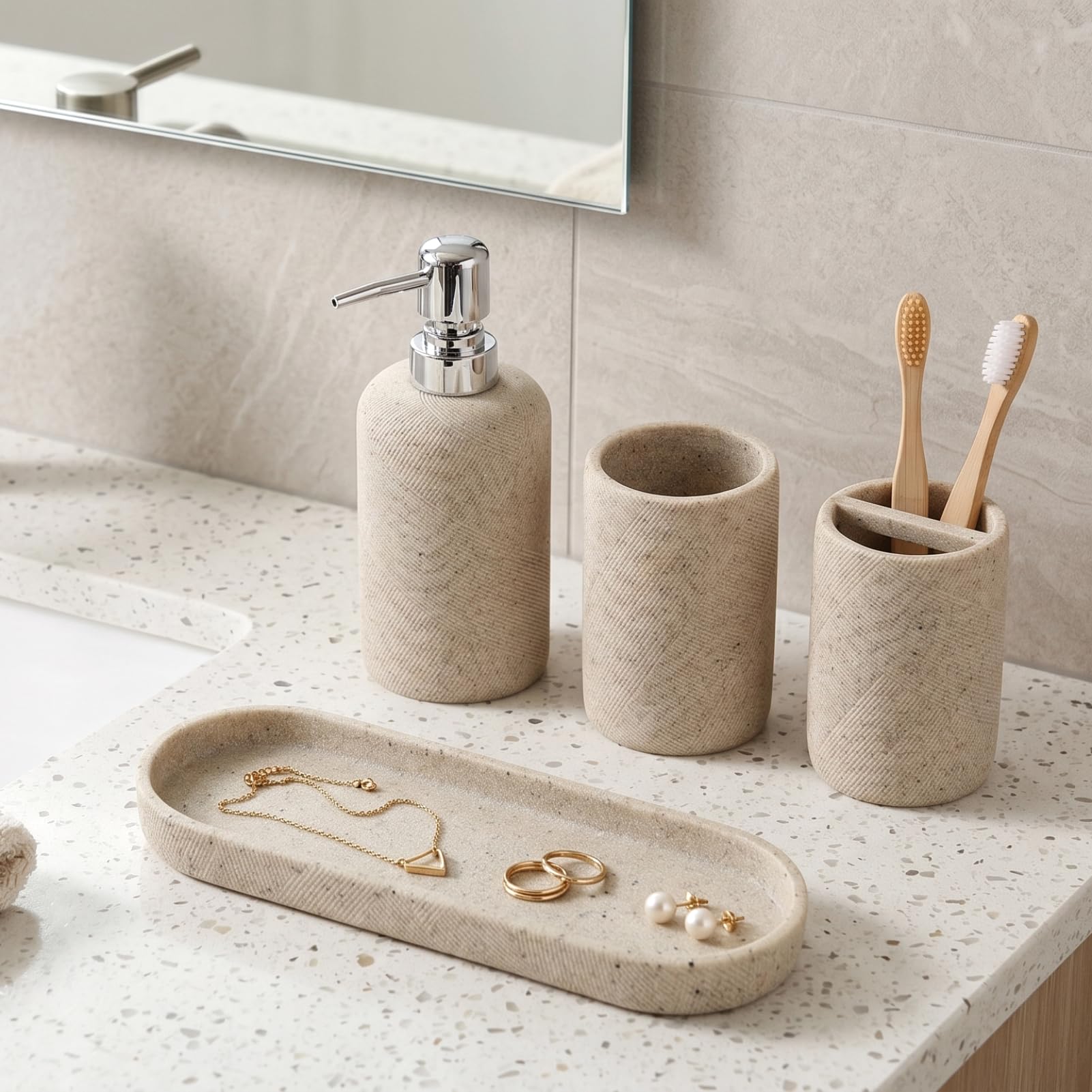 Haocoott 4-piece beige set displayed on bathroom countertop