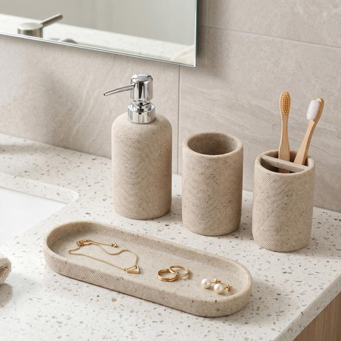 Haocoott 4-piece beige set displayed on bathroom countertop