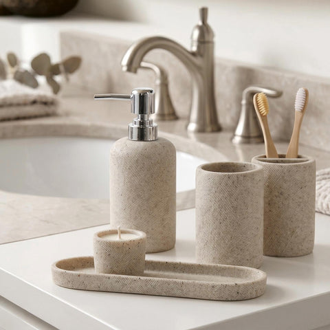 Haocoott beige tray pairing with dispenser and cups for organized space