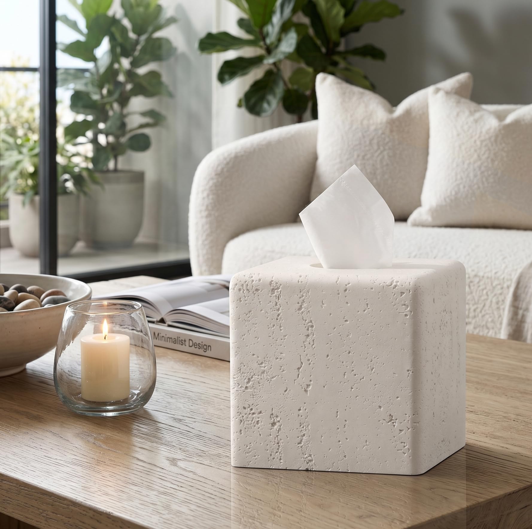 Haocoott square tissue box holder in off-white complements any room.