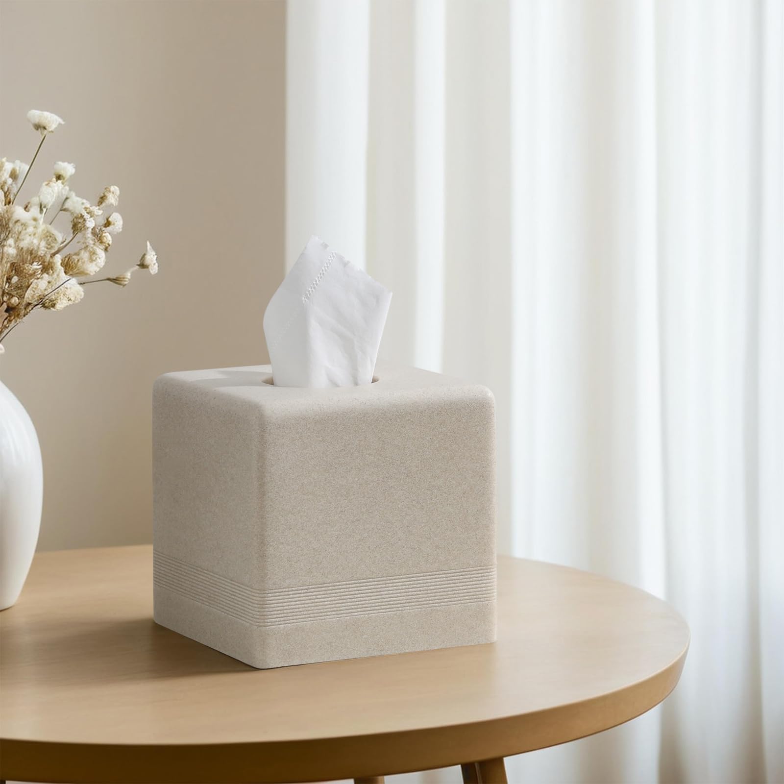 Haocoott beige tissue box cover beside nightstand, enhances bedroom ambiance.