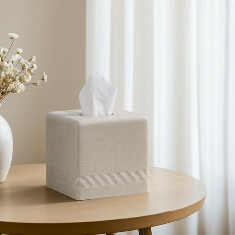 Haocoott beige tissue box cover beside nightstand, enhances bedroom ambiance.