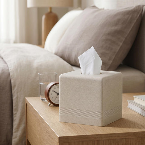 Haocoott beige tissue box cover on office desk, keeps tissues neatly enclosed.