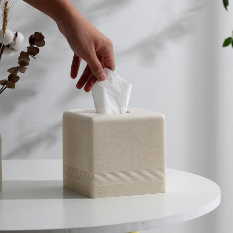 Haocoott beige tissue box cover side view, compact cube fits standard tissue boxes.
