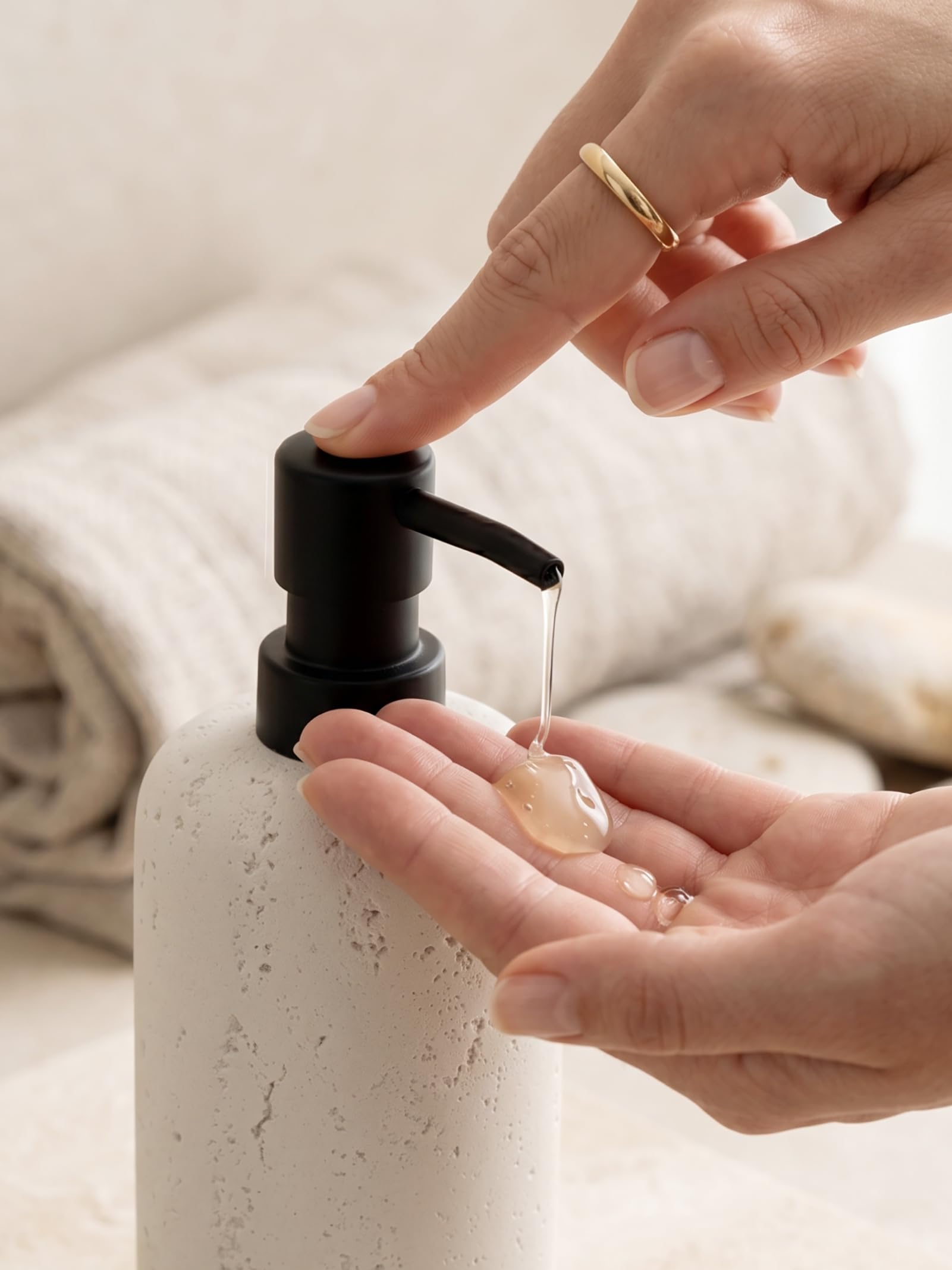 Haocoott travertine dispenser beside sink ready for dish soap and lotion