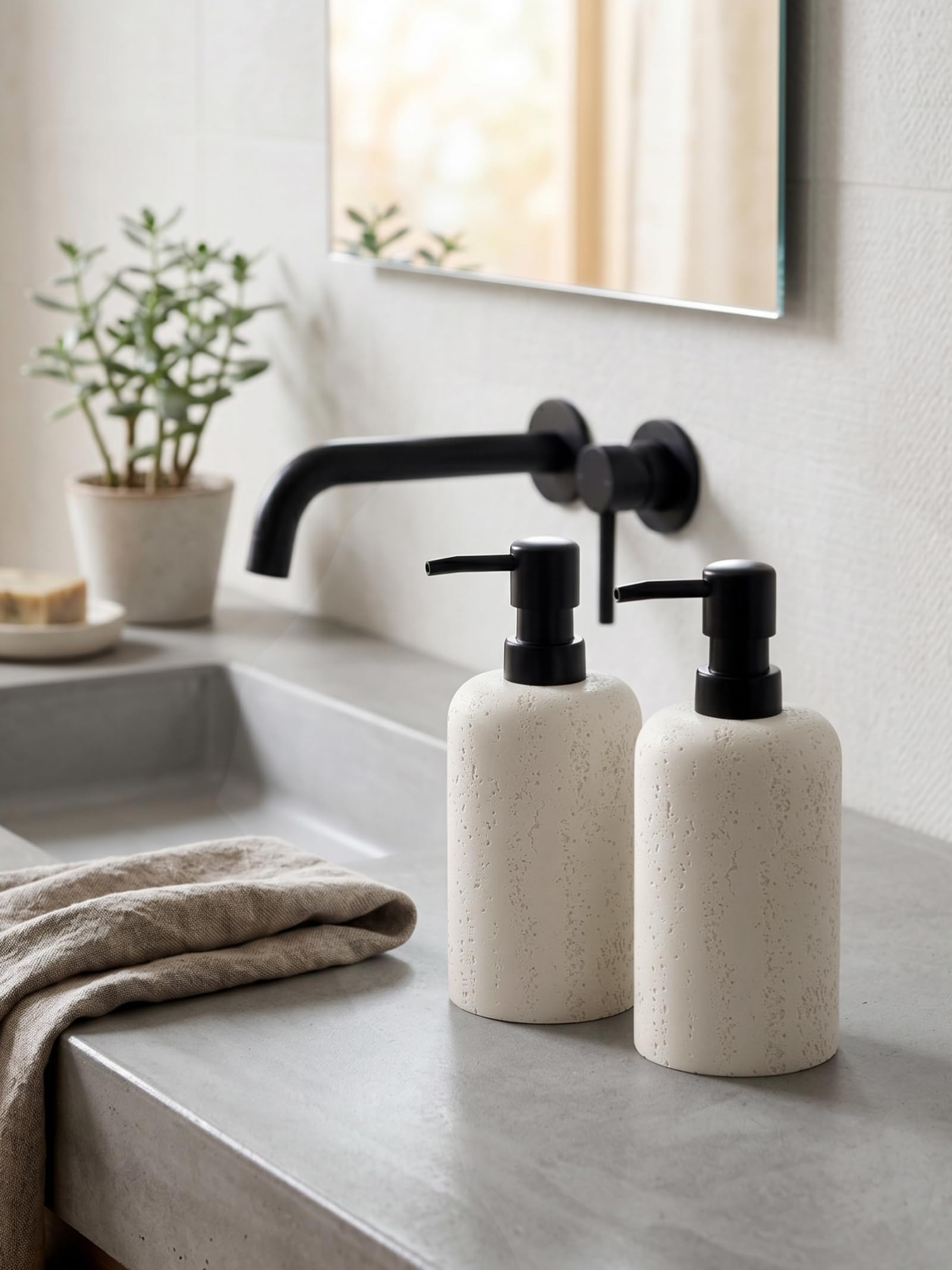 Textured travertine surface enhances grip and elegant look on Haocoott dispenser