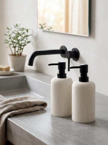 Textured travertine surface enhances grip and elegant look on Haocoott dispenser