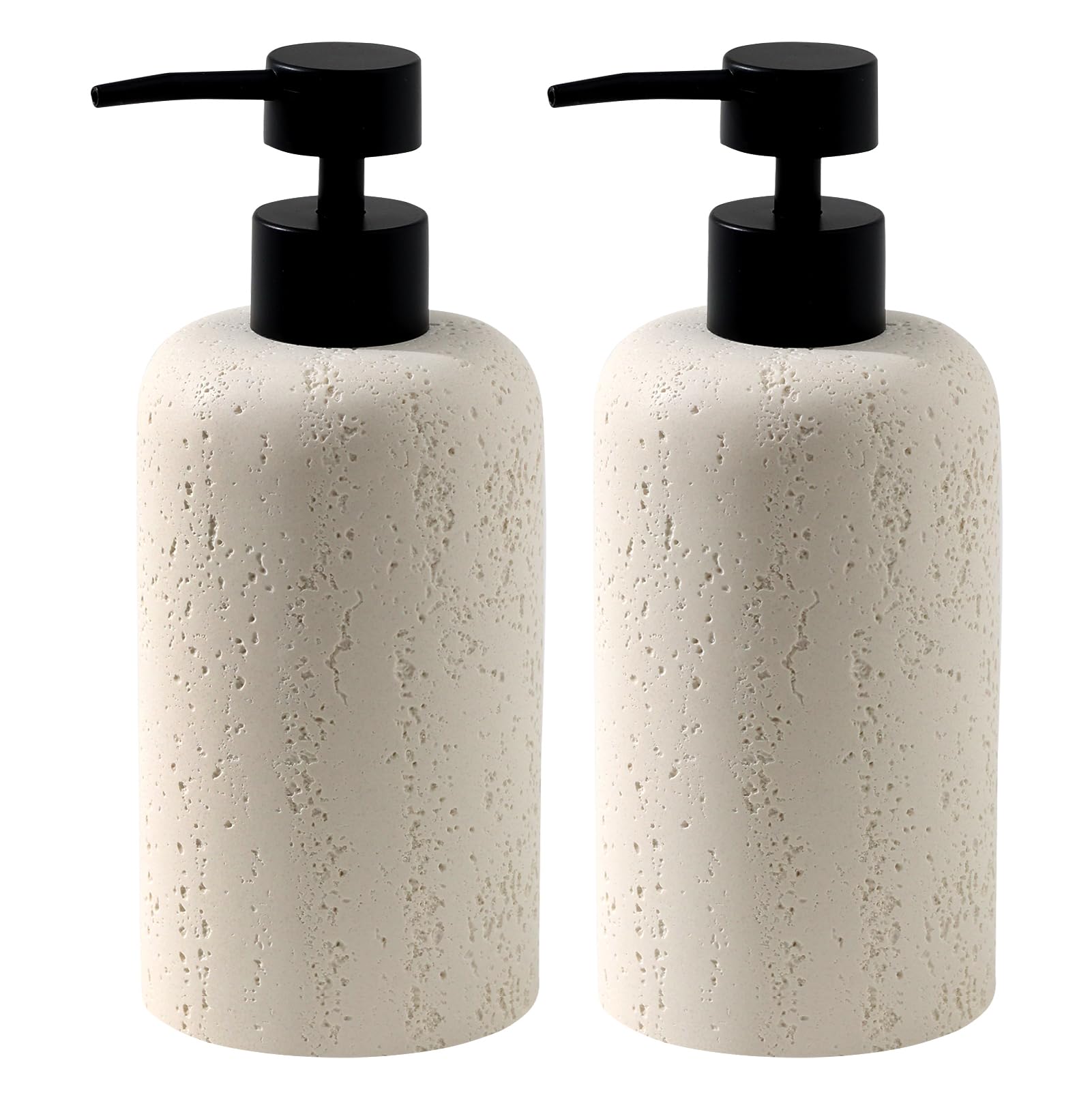 Haocoott travertine soap dispenser cream close-up showing durable resin finish and modern countertop appeal