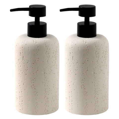 Haocoott travertine soap dispenser cream close-up showing durable resin finish and modern countertop appeal