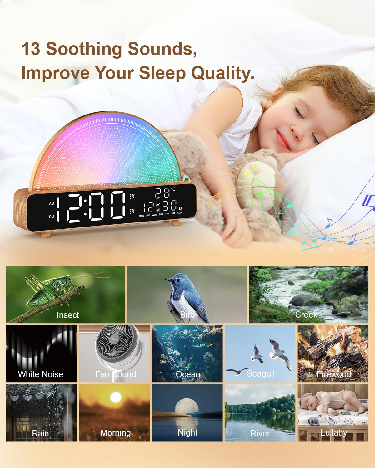 HAODINGMAI Sunrise Alarm Clock ambient color lights create mood and ambience.