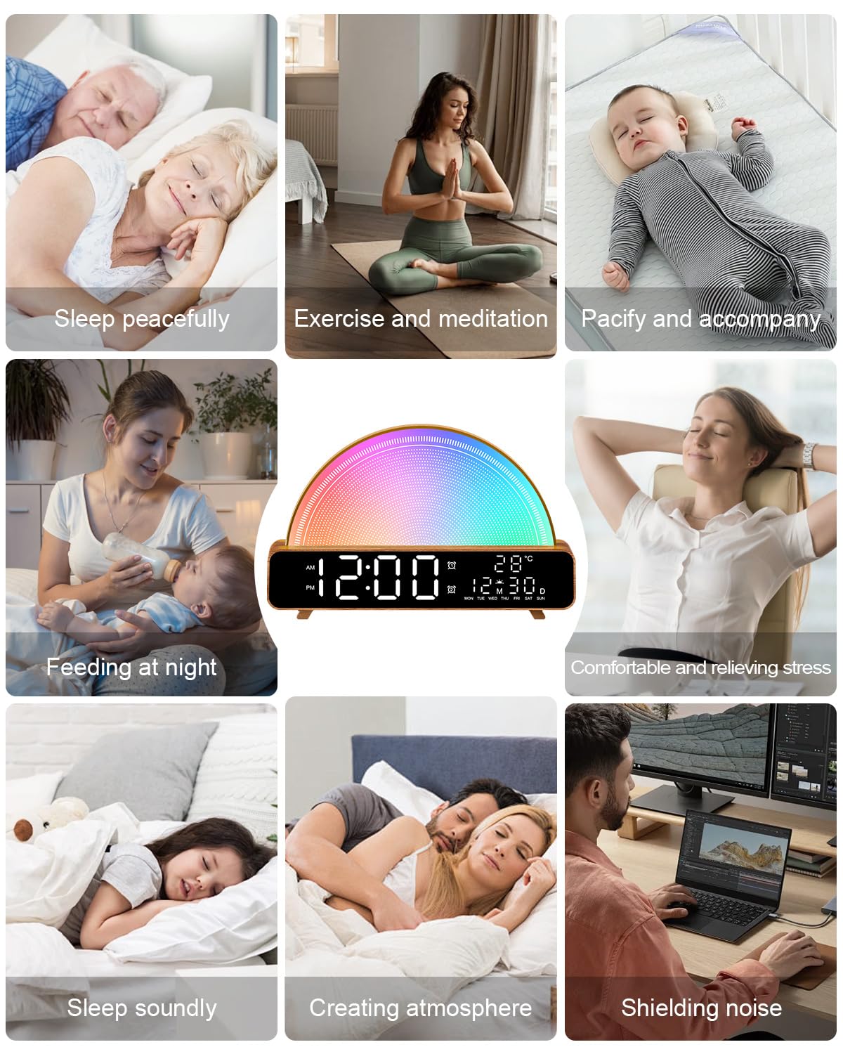 HAODINGMAI Sunrise Alarm Clock USB charging keeps devices powered overnight.