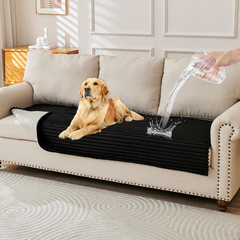 HAOMAIJIA waterproof couch cover on a black sofa protects against spills and fur.