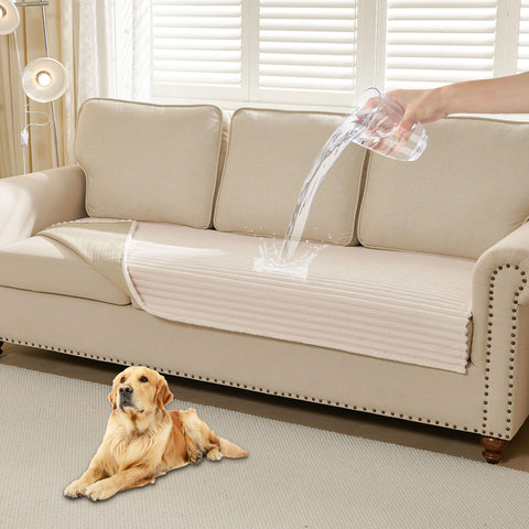 HAOMAIJIA waterproof couch cover shown on a sofa to protect against spills and fur.