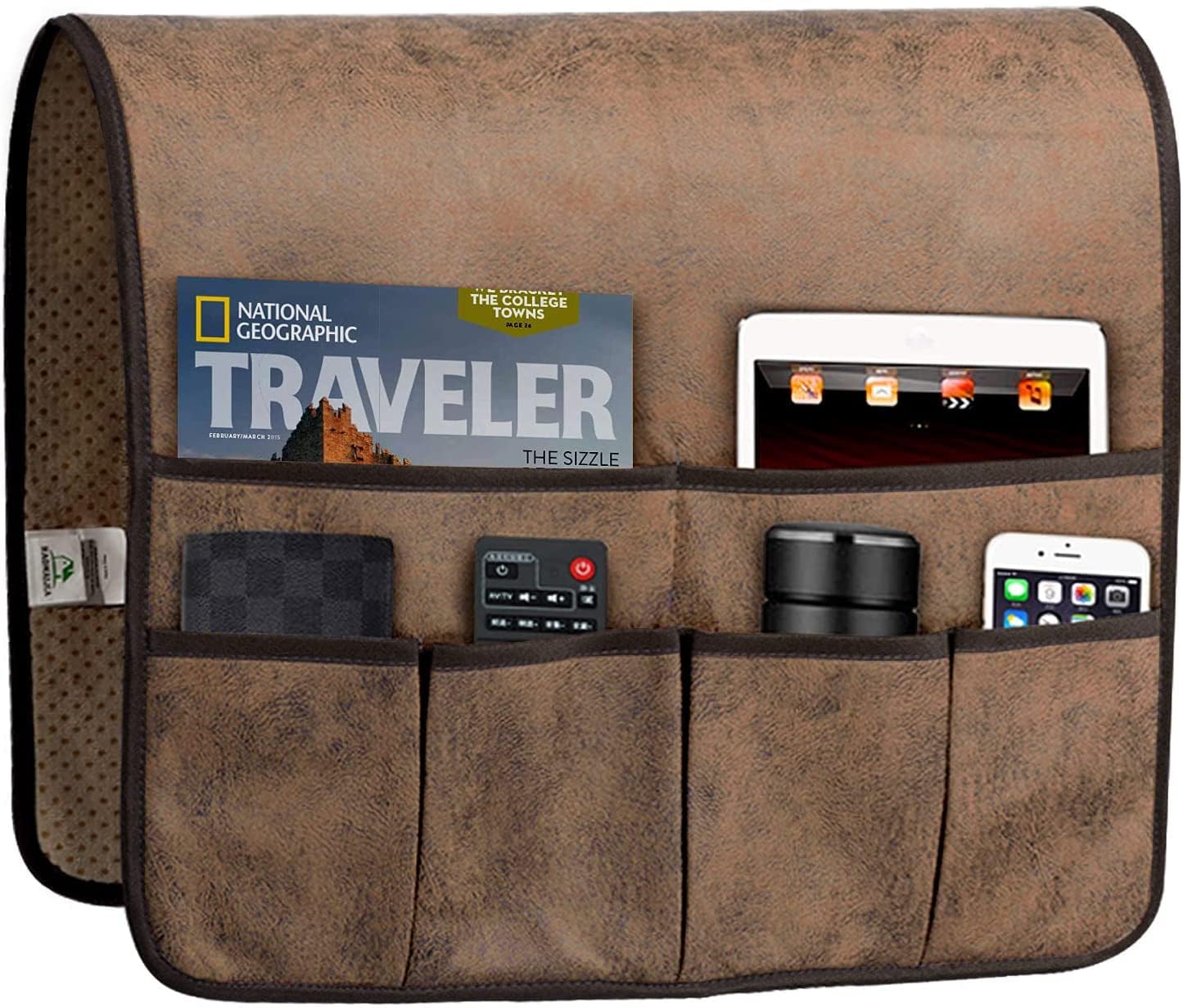 HAOMAIJIA anti-slip armrest organizer with six pockets on a brown sofa, showcasing organized remotes and devices