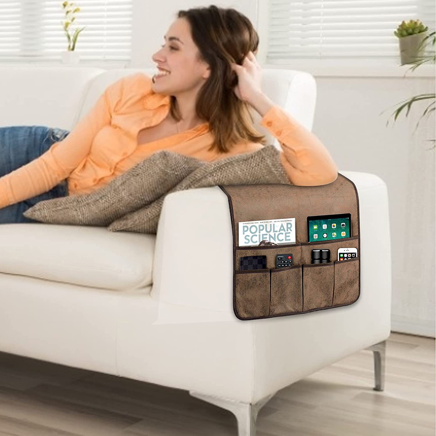 HAOMAIJIA brown sofa caddy with six pockets for remotes and tablets within reach