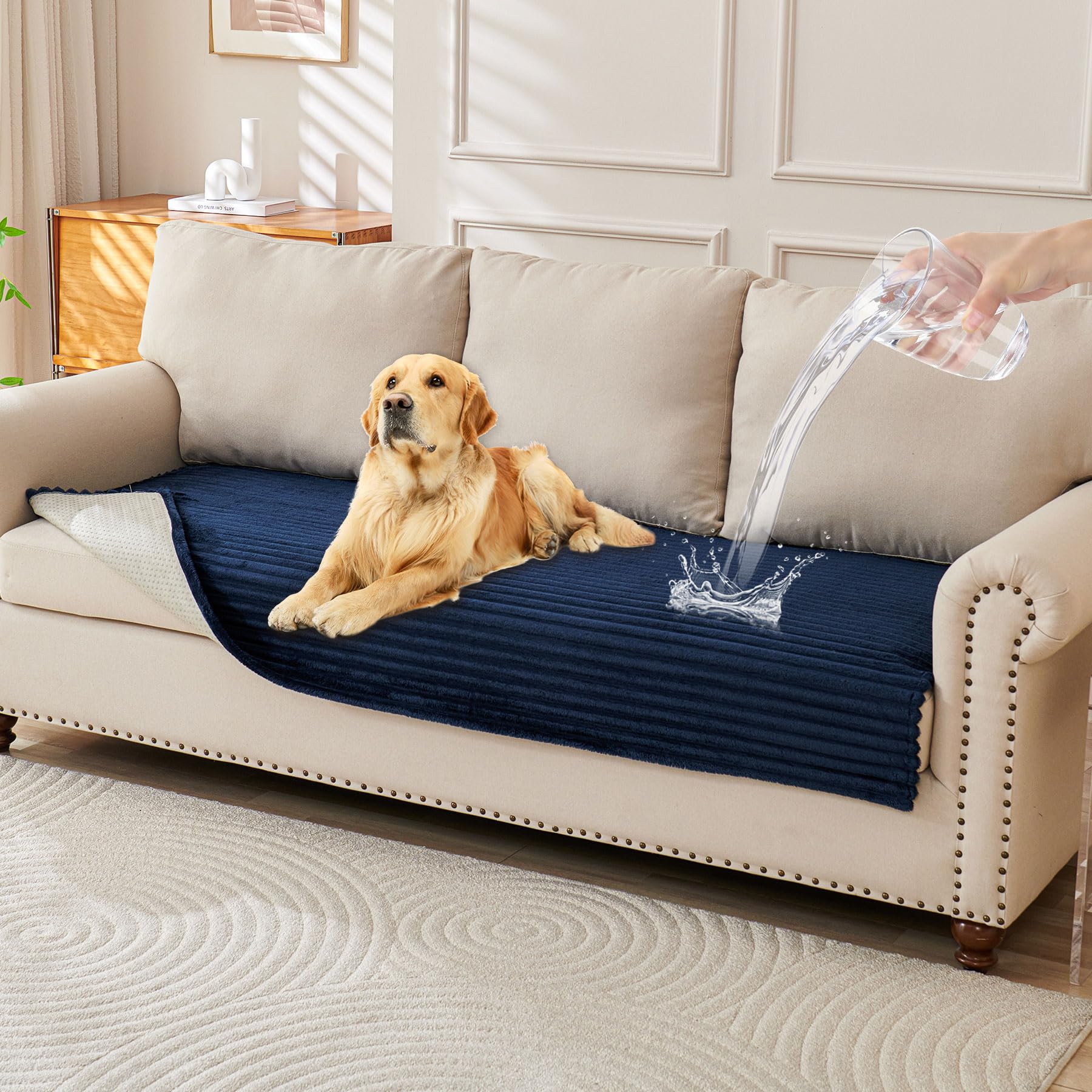 HAOMAIJIA waterproof dog couch cover in navy protects sofa from spills.