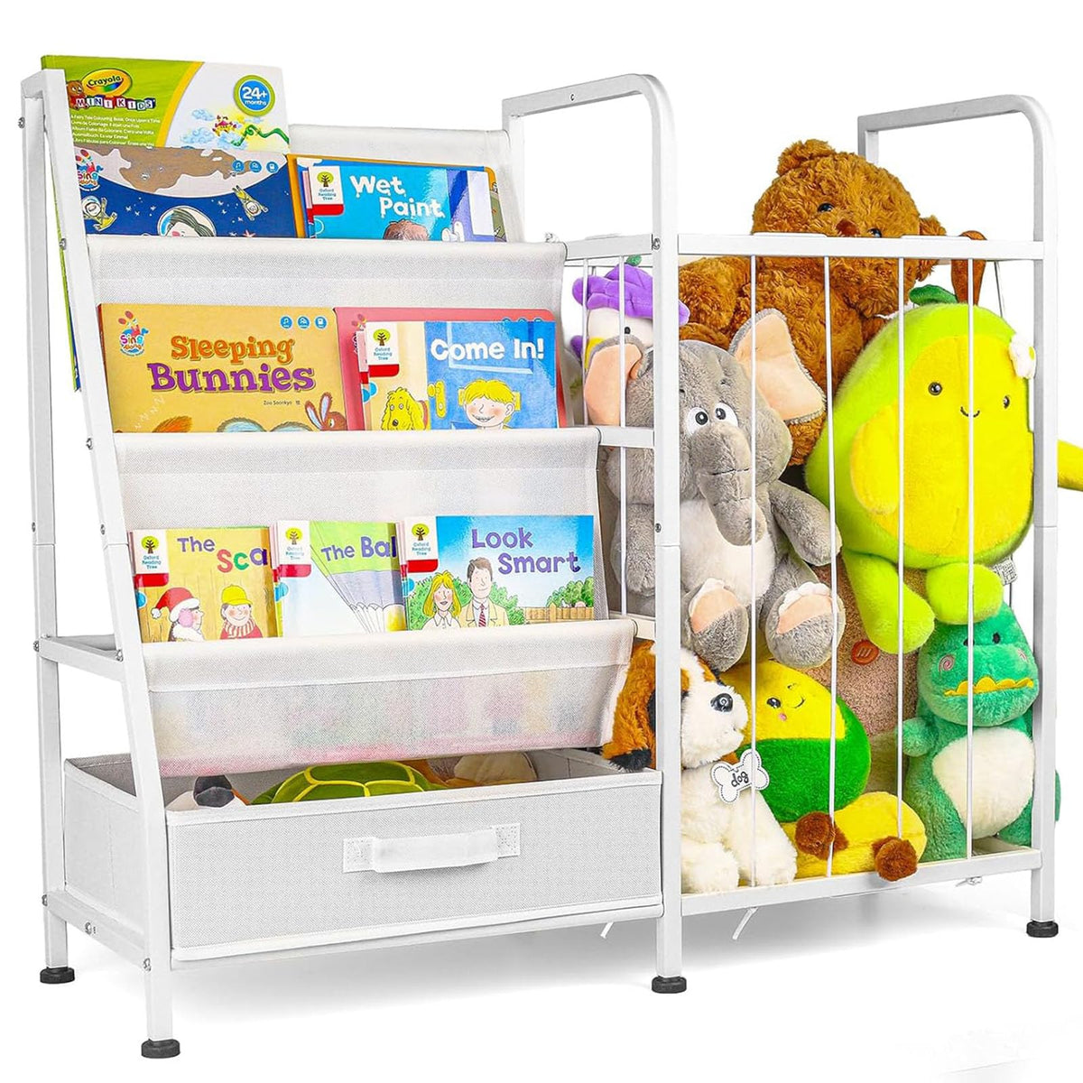 Haotao kids bookshelf with 3-tier sling shelves offers easy book access for little readers.