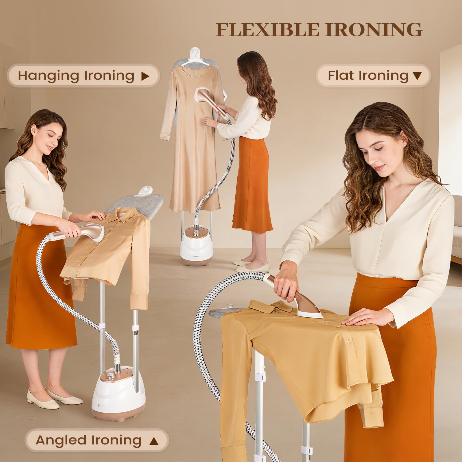 HAPAIS steamer with rotating ironing board for long dresses and wide fabrics.