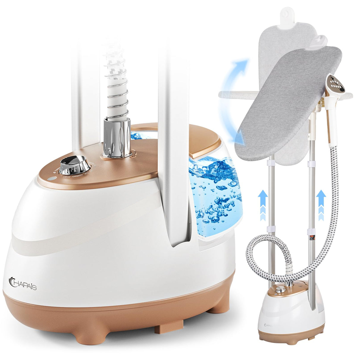 HAPAIS steamer in action with 30-second heat for quick wrinkle relief on garments.