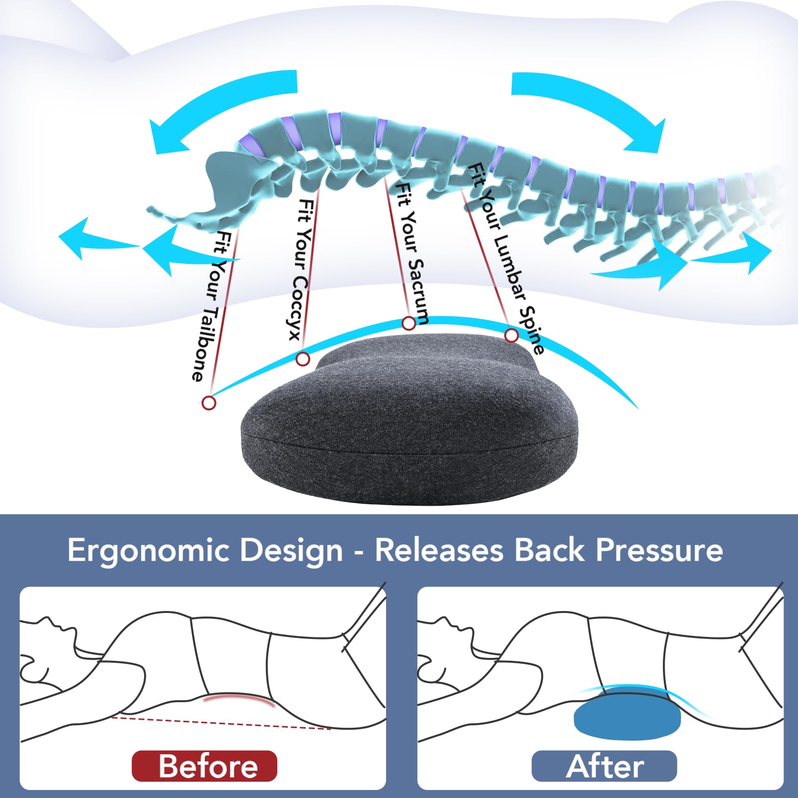 Hapiclody lumbar pillow contoured shape follows the spine for alignment.