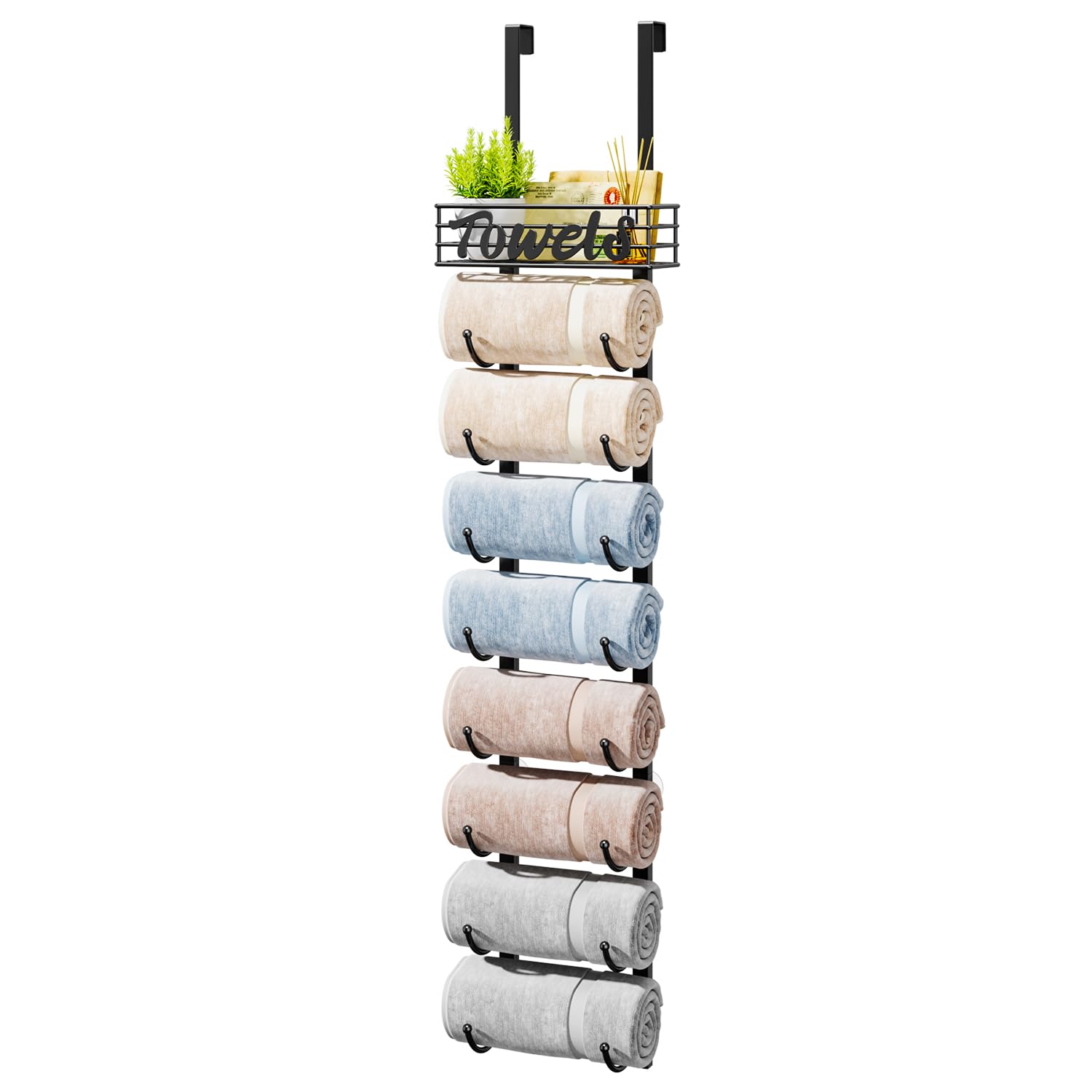 HapiRm 9-tier over-door towel rack in black for compact bathroom organization