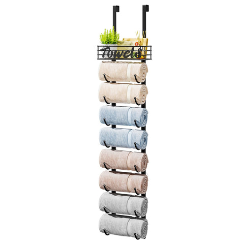 HapiRm 9-tier over-door towel rack in black for compact bathroom organization