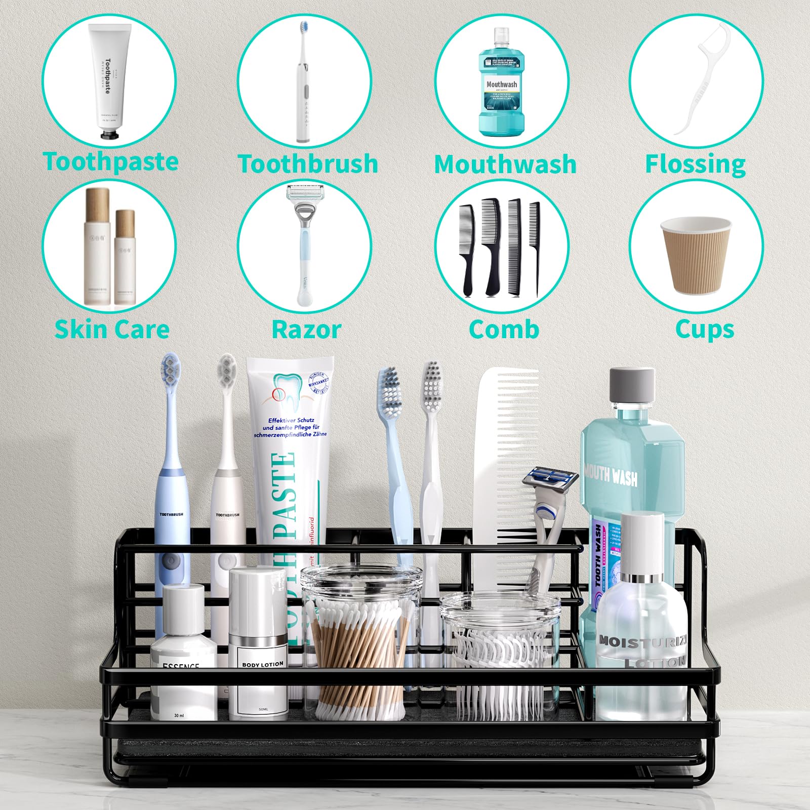 HapiRm bathroom organizer showing diatomaceous earth mat absorbs water quickly.