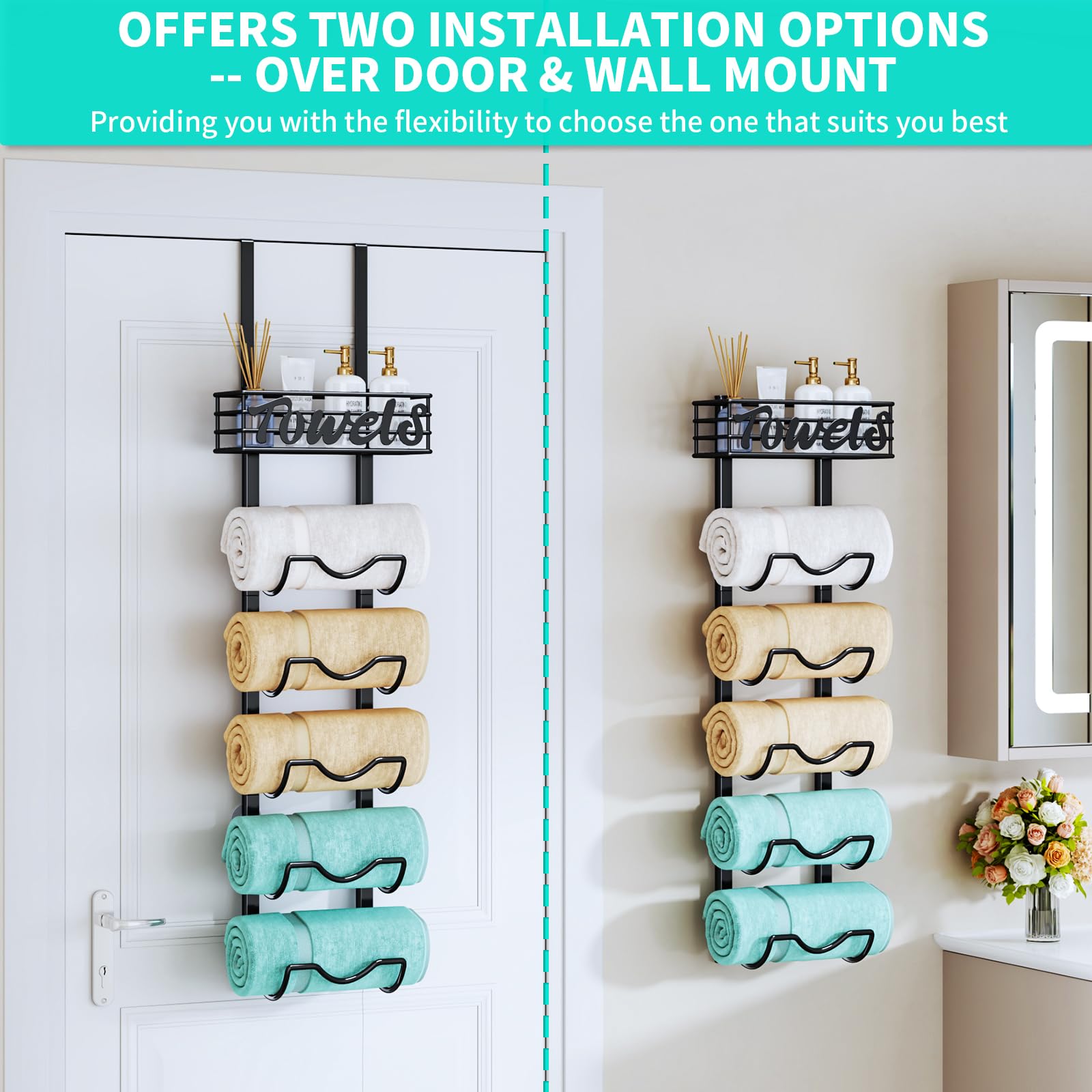 HapiRm black finish towel rack with top basket labeled TOWELS for easy access.