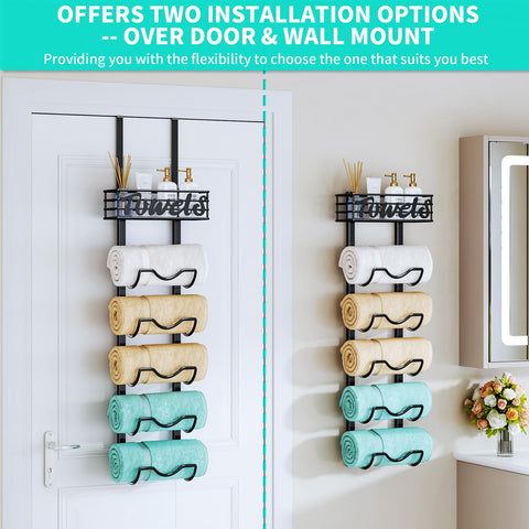 HapiRm black finish towel rack with top basket labeled TOWELS for easy access.