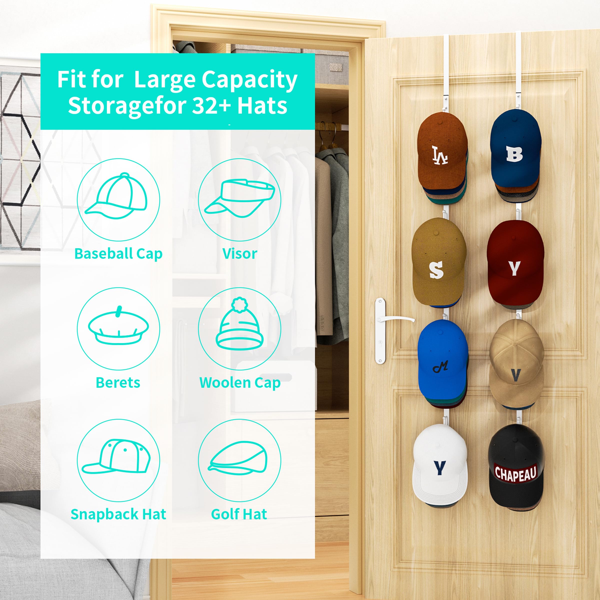 HapiRm door hat rack for up to 40 hats keeps entryways neat.