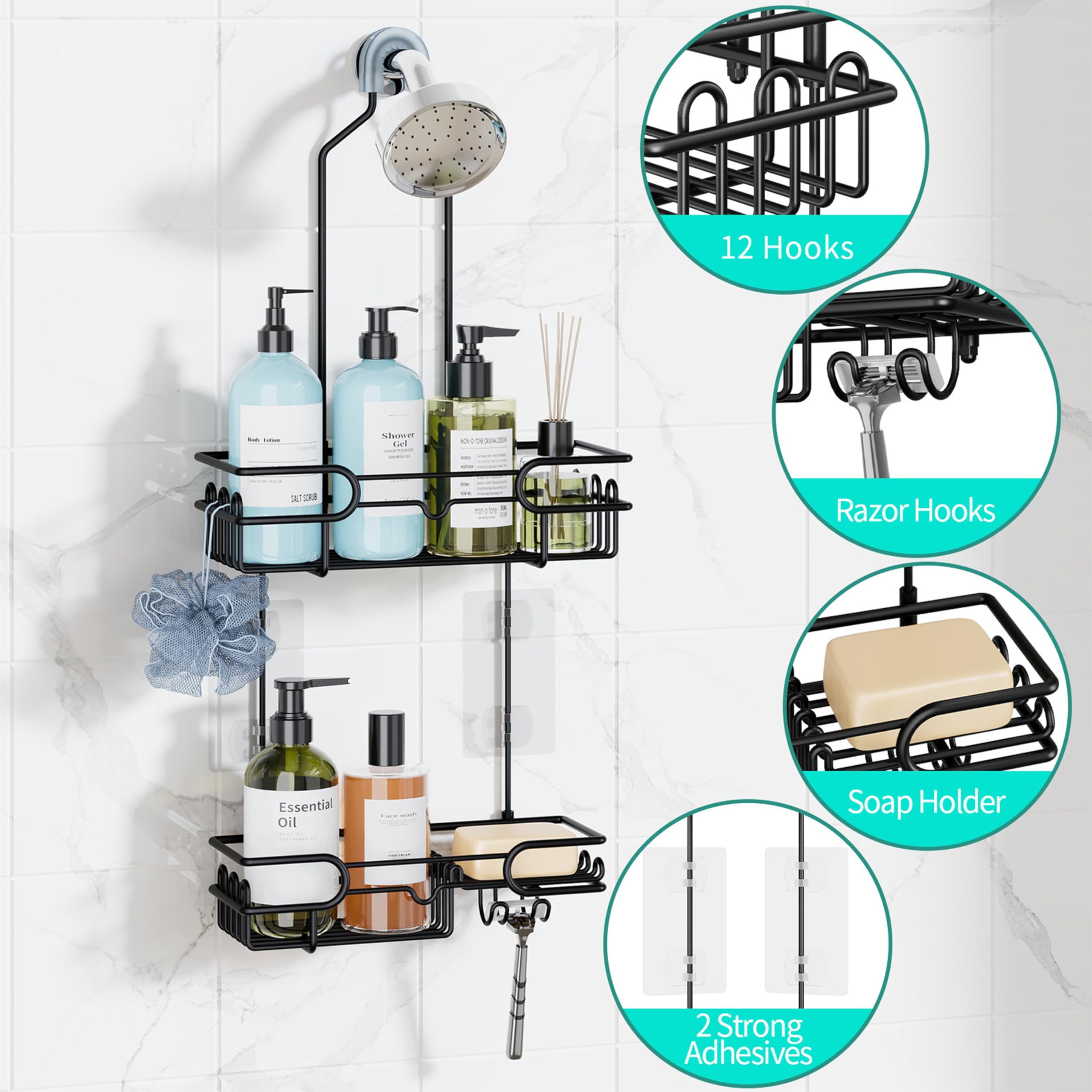 HapiRm dual-tier shelves organize shampoos, conditioners, and lotions neatly.