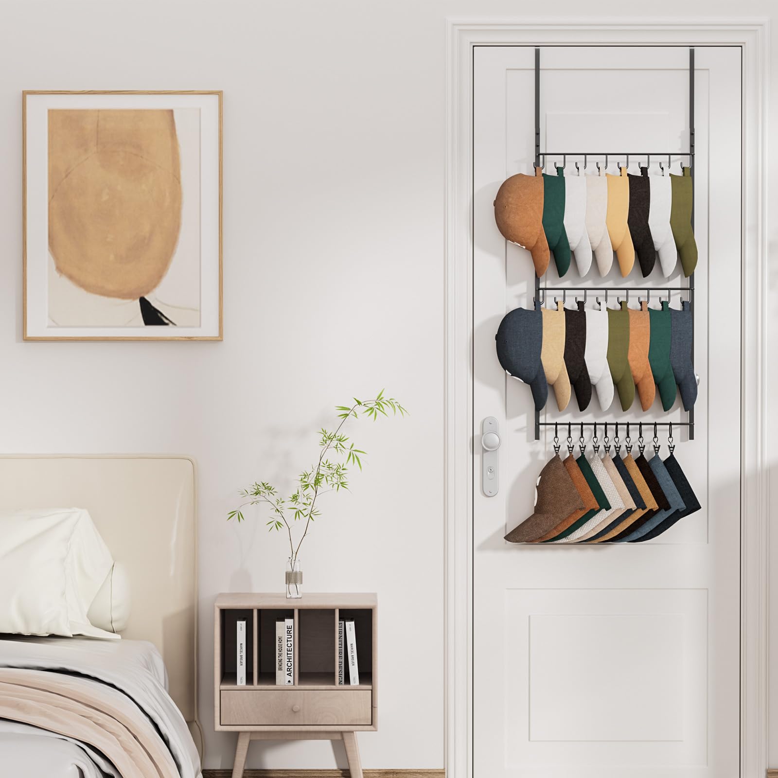 HapiRm easy-assembly hat rack installs over door or on wall.