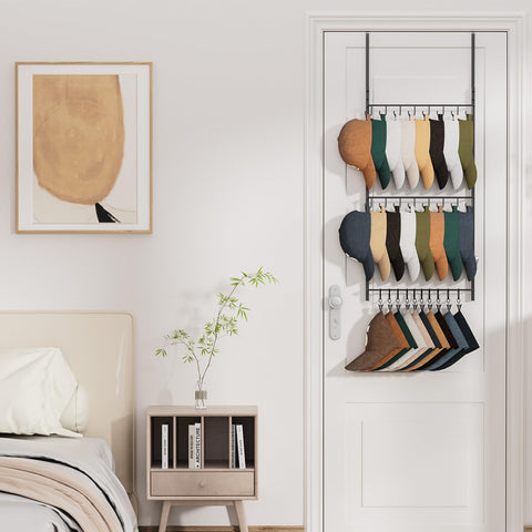 HapiRm easy-assembly hat rack installs over door or on wall.
