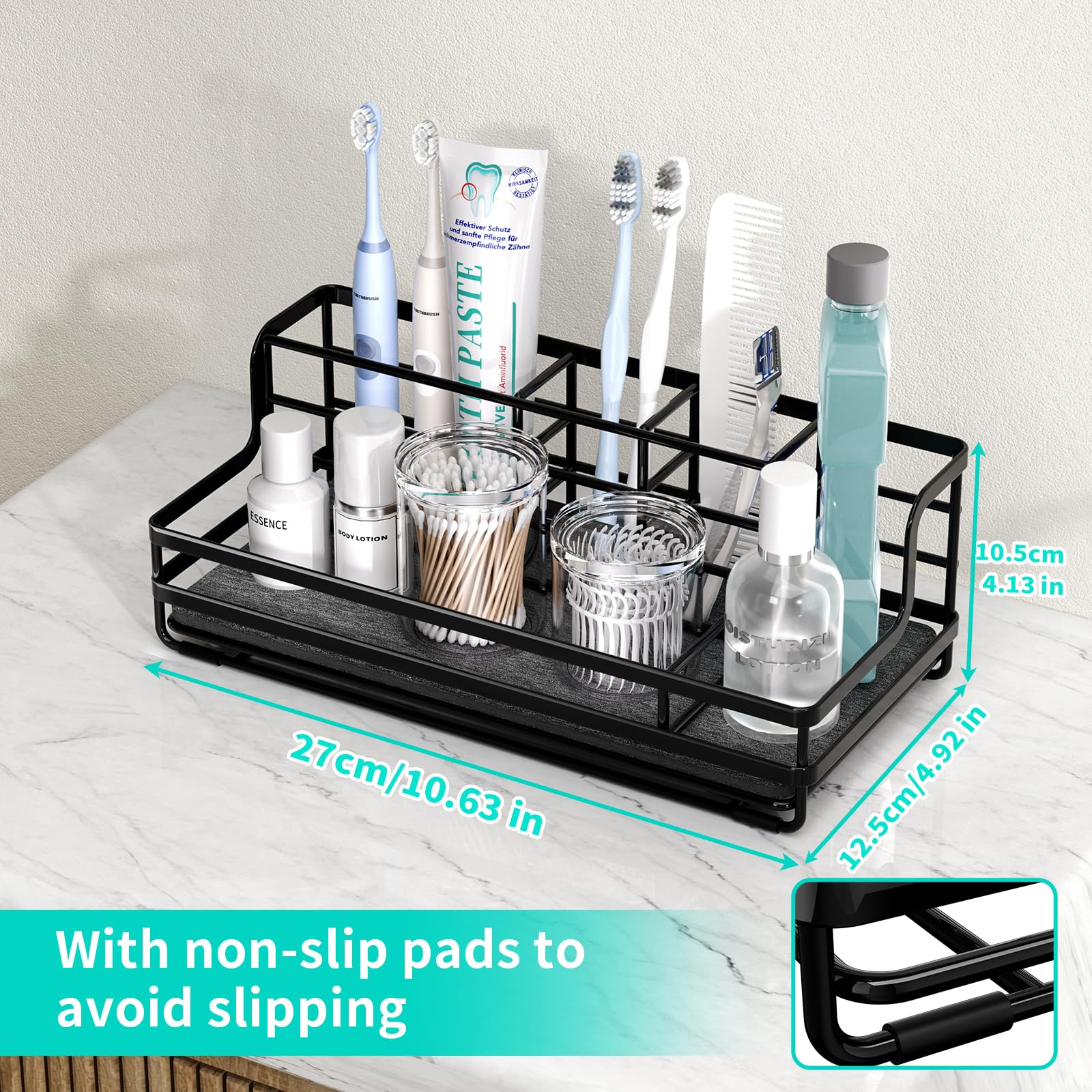 HapiRm five-section design keeps toothpaste and mouthwash neatly separated.