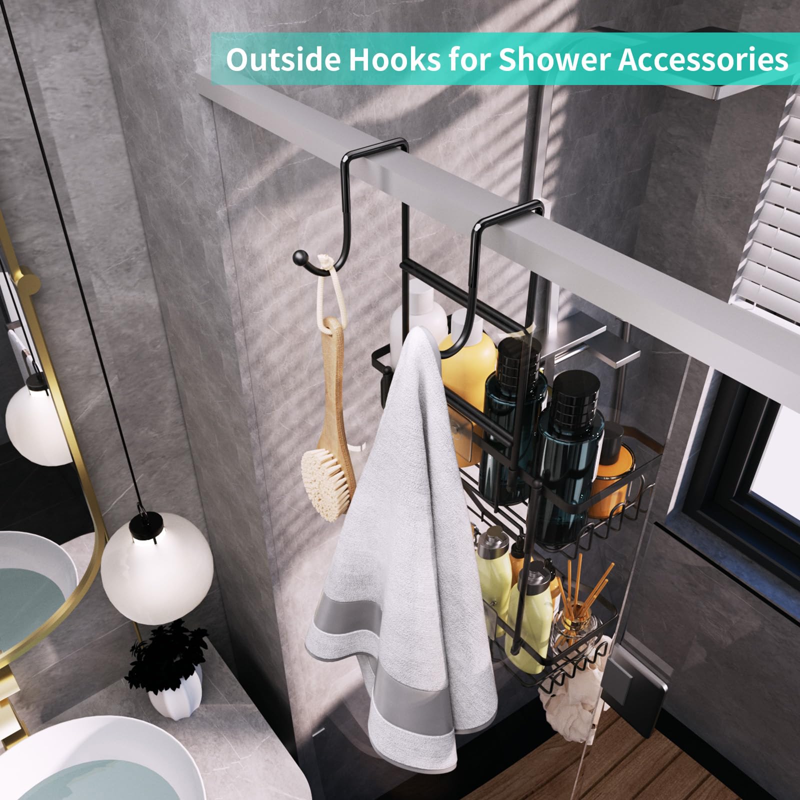 Fourteen hooks provide versatile storage for towels, razors, and more.