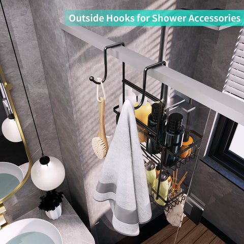 Fourteen hooks provide versatile storage for towels, razors, and more.