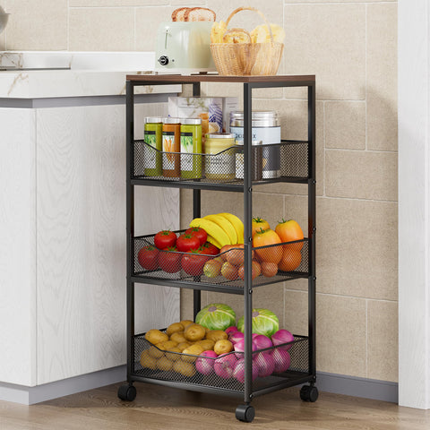 HapiRm fruit basket cart with wood top offers extra kitchen workspace.