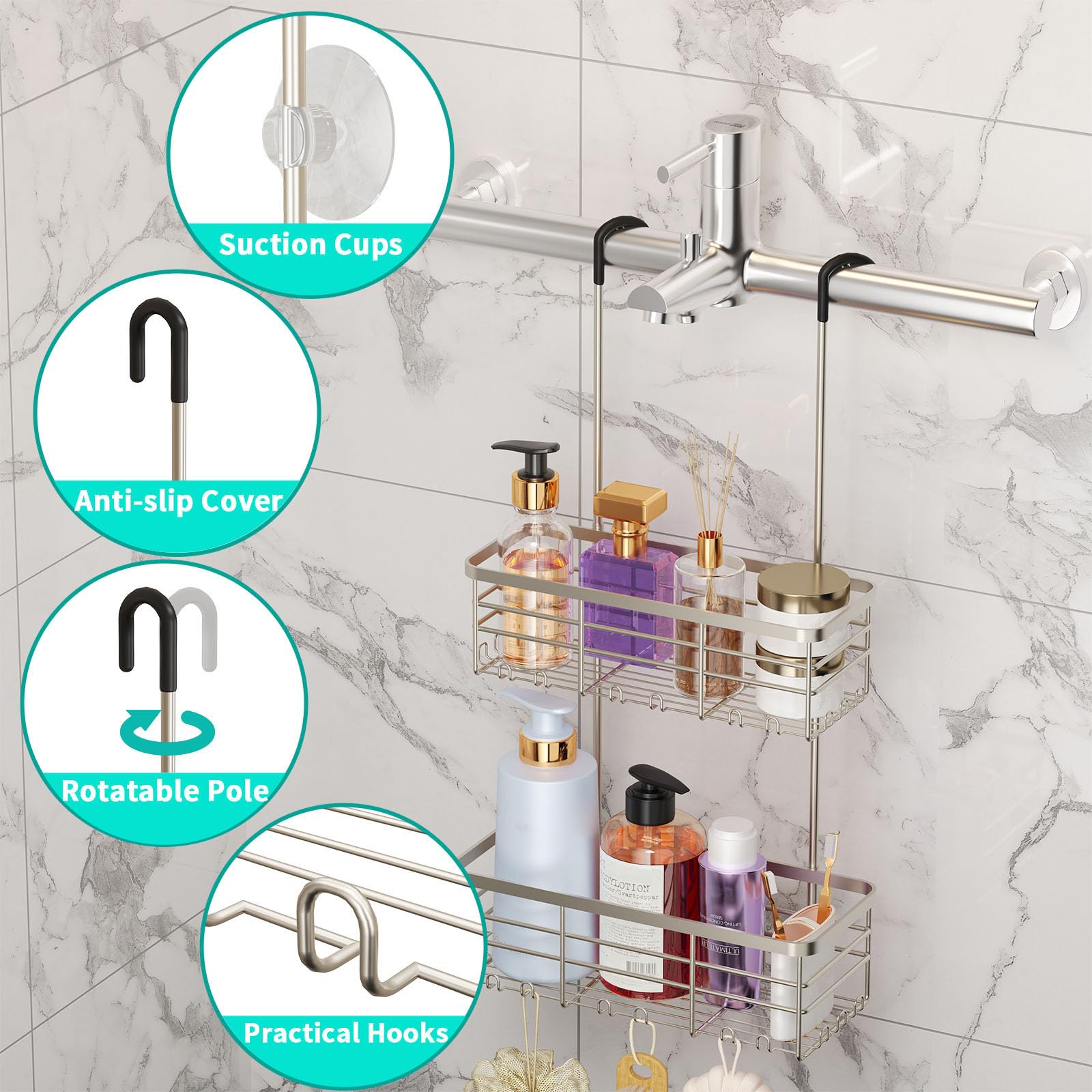 HapiRm hanging shower caddy on curtain rod offers flexible, tool-free placement.