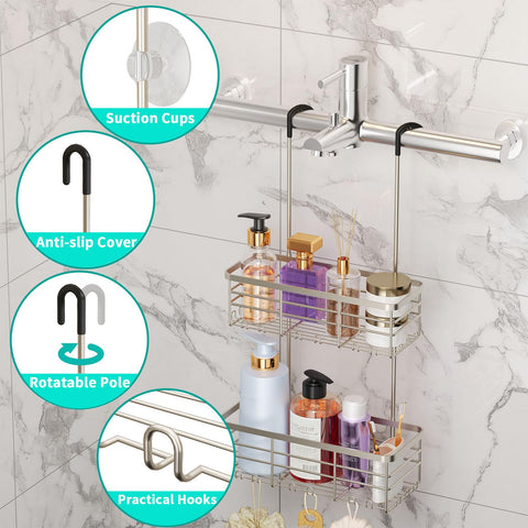 HapiRm hanging shower caddy on curtain rod offers flexible, tool-free placement.