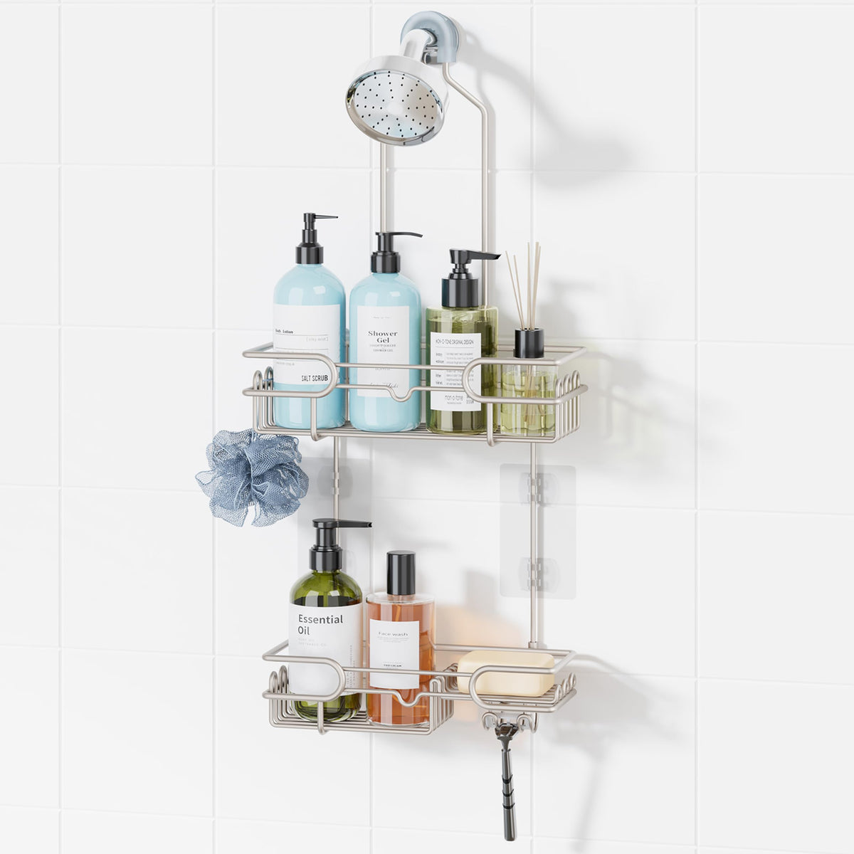 hapirm hanging shower caddy over shower head provides stable, rustproof storage.
