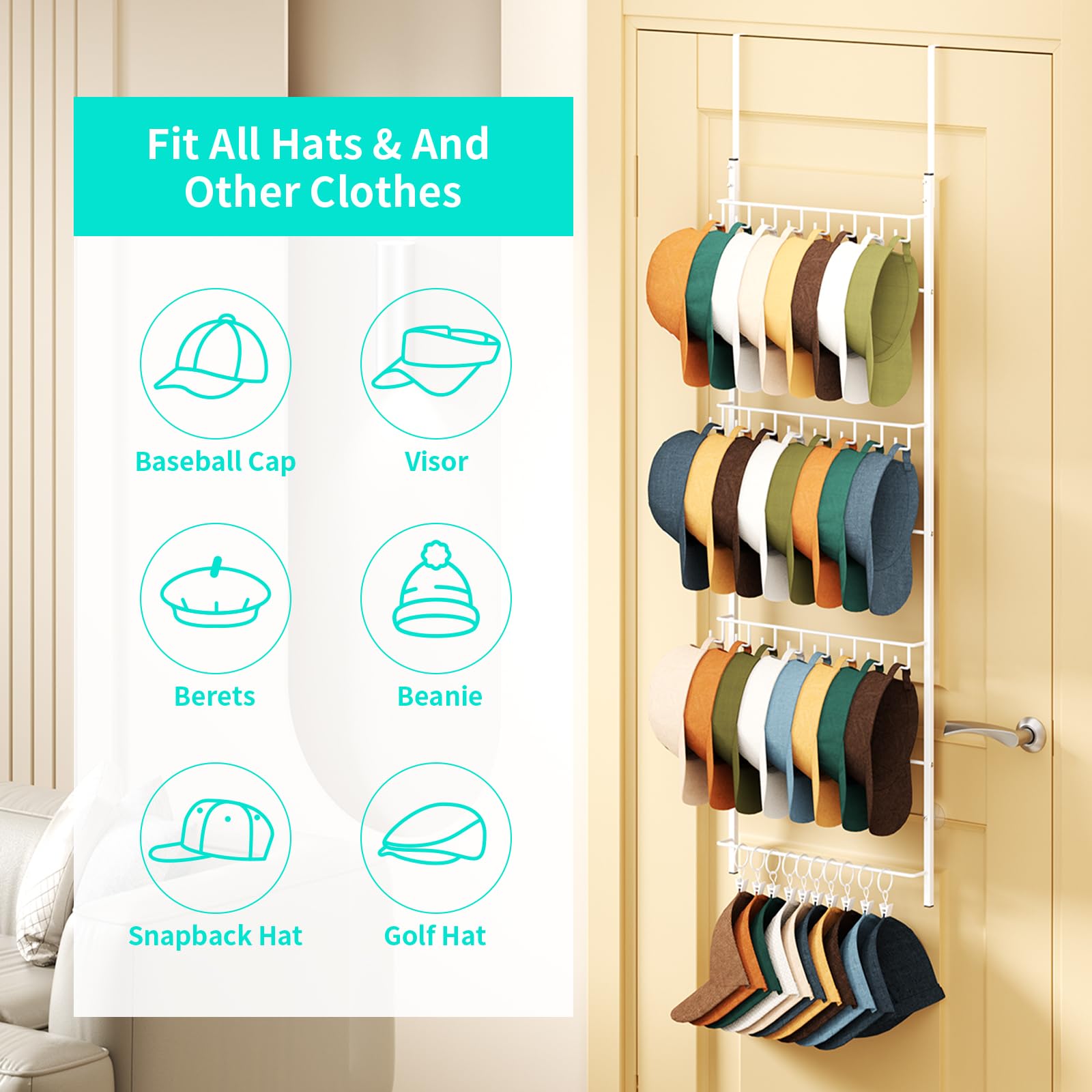 HapiRm hat organizer with 10 movable clips for flexible arrangement