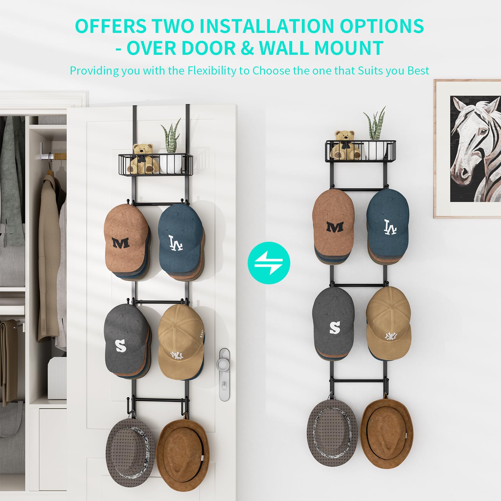Detail of HapiRm hat rack basket for extra storage and accessories